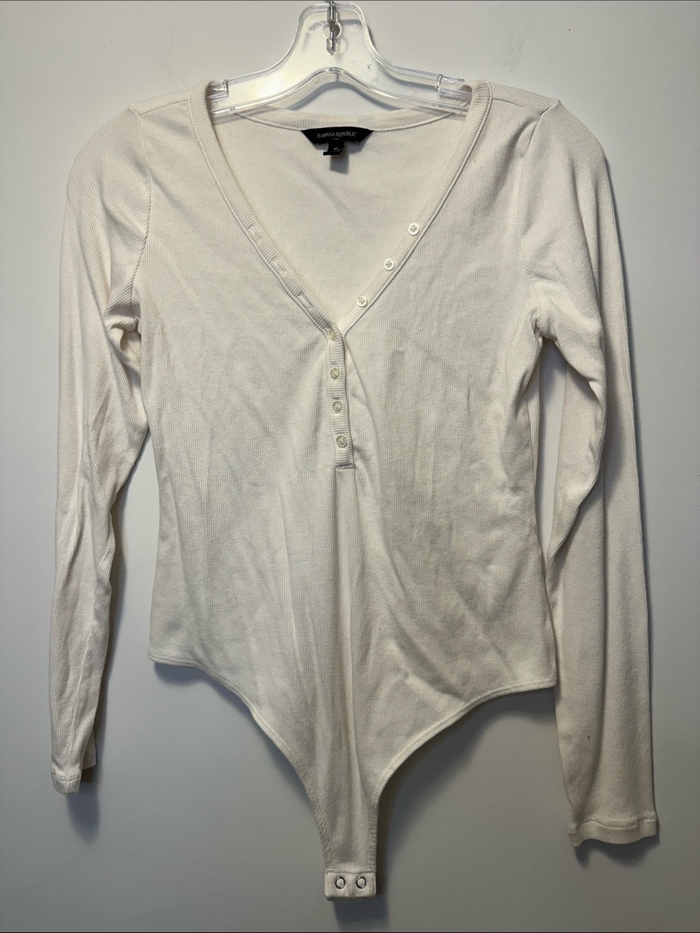 Banana Republic Ribbed Off-White Long-Sleeve Henley Bodysuit